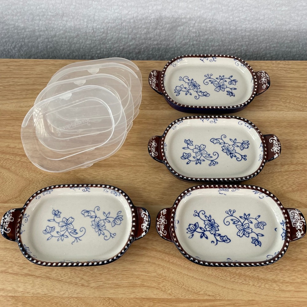 Temp-tations Floral Lace Cobalt Blue Oval 10 oz Trivets w/ Lids Set of 4 KFI-XNG